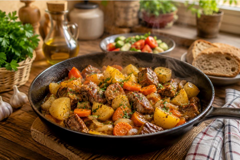 Тушёное мясо с овощами на домашней кухне