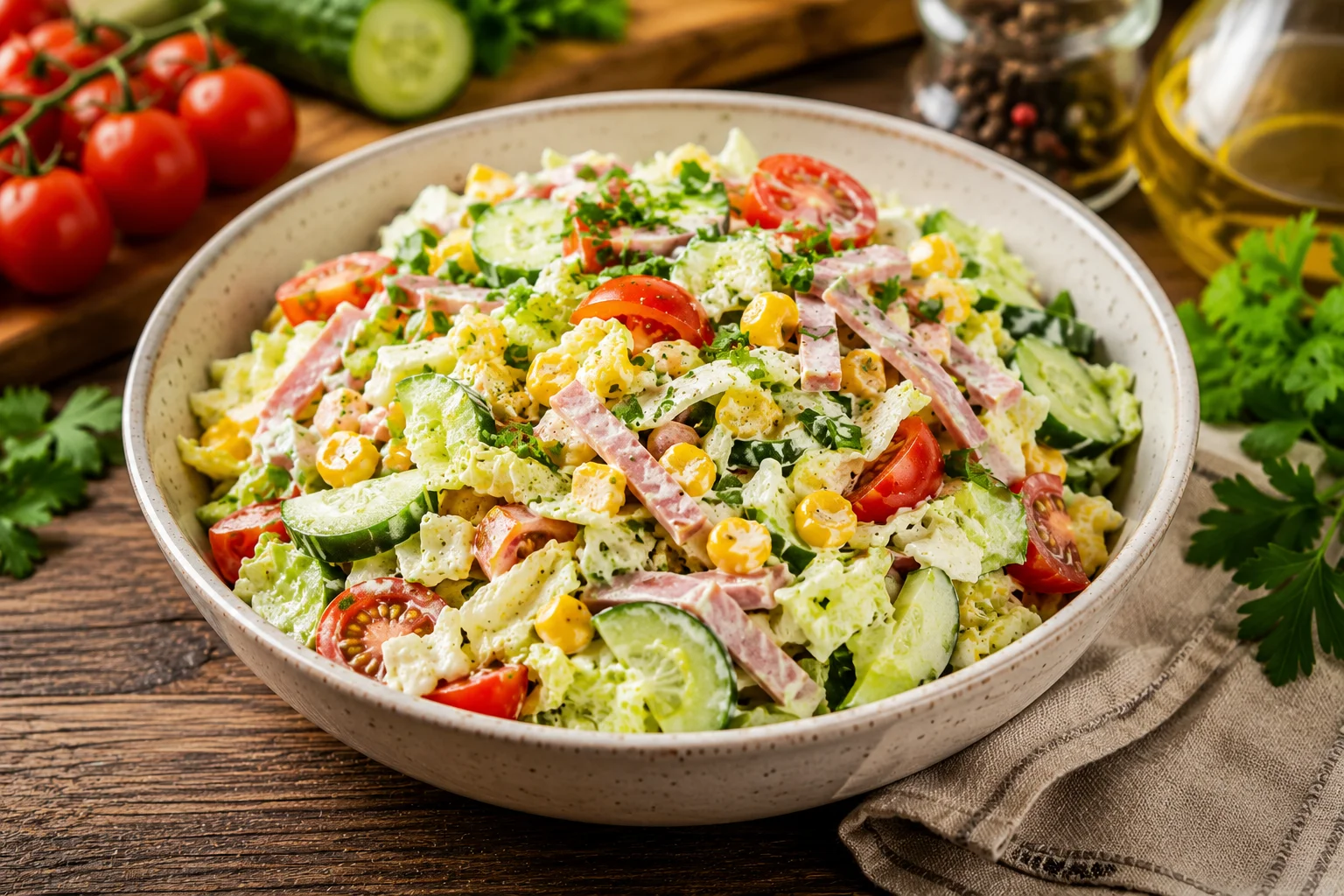Домашний салат с пекинской капустой, кукурузой и свежими овощами