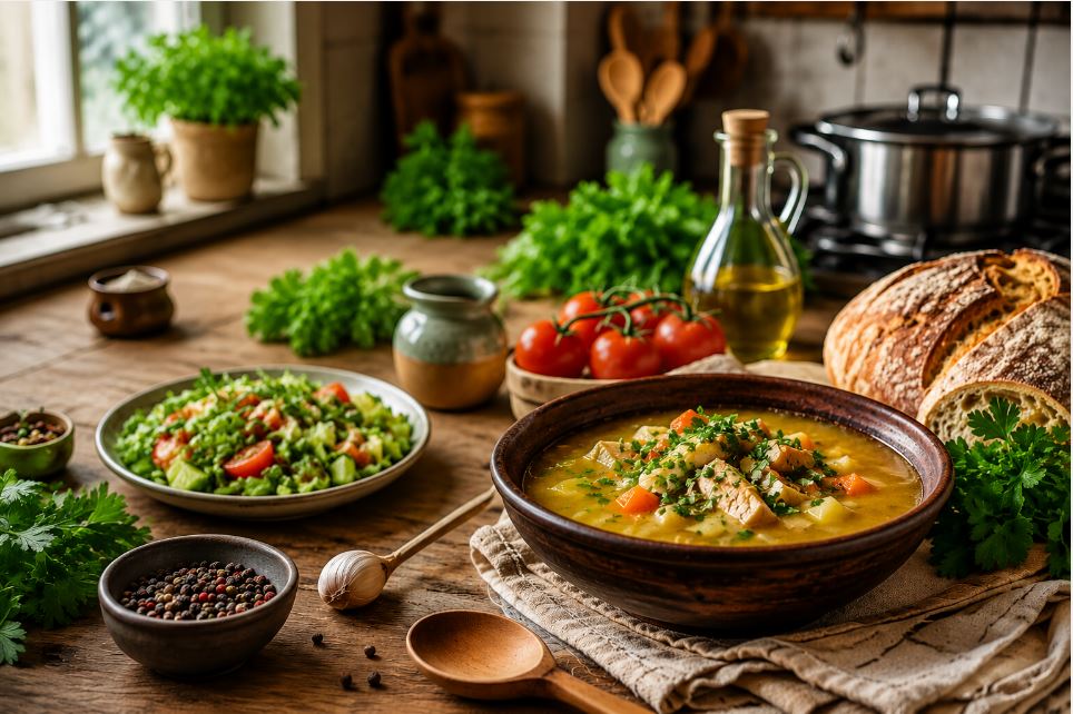 Домашняя кухня и свежие блюда на деревянном столе