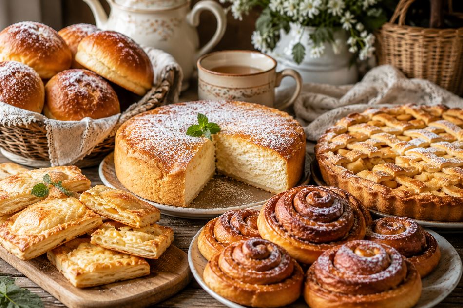 домашняя выпечка с творожным пирогом и булочками на деревянном столе