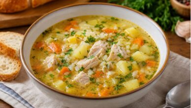 Домашний суп с курицей, картофелем, морковью и свежей зеленью в глубокой тарелке