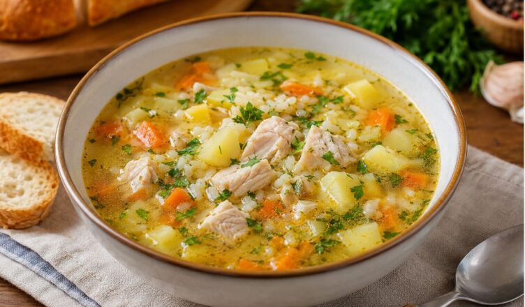 Домашний суп с курицей, картофелем, морковью и свежей зеленью в глубокой тарелке