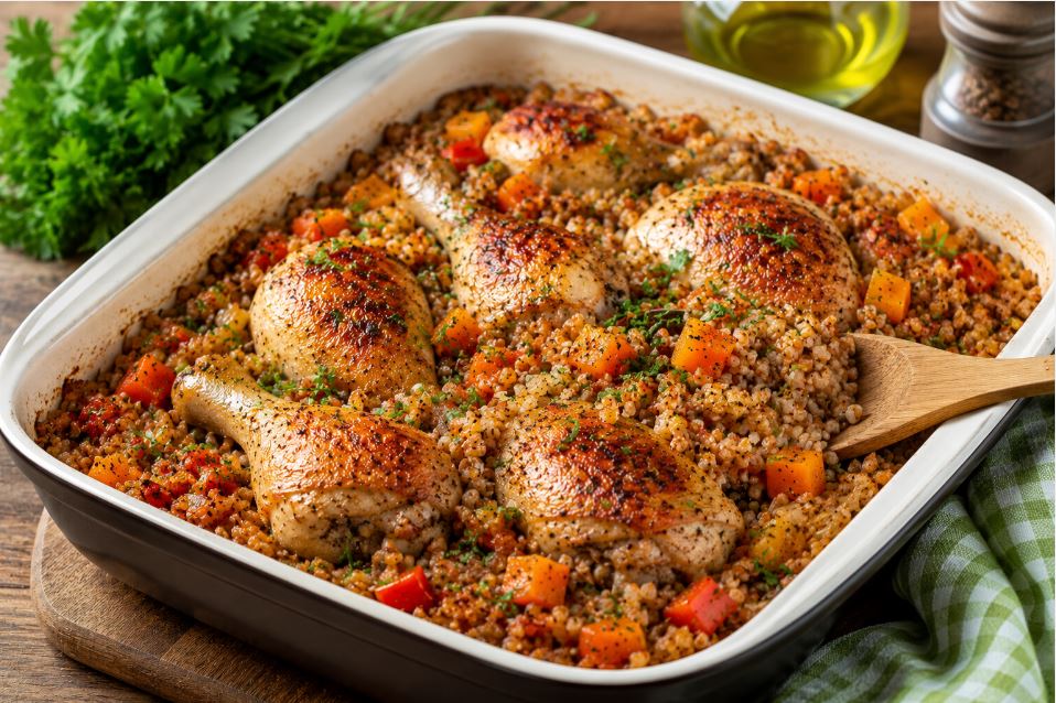 Запечённая курица с гречкой и овощами в форме для духовки