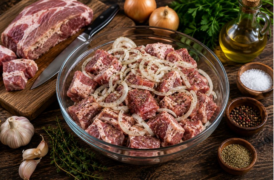 Подготовка мяса для армянского шашлыка с луком и специями