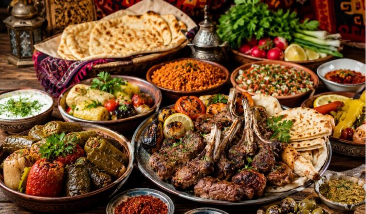 Traditional Kurdish cuisine with dolma grilled lamb flatbread and authentic Middle Eastern dishes