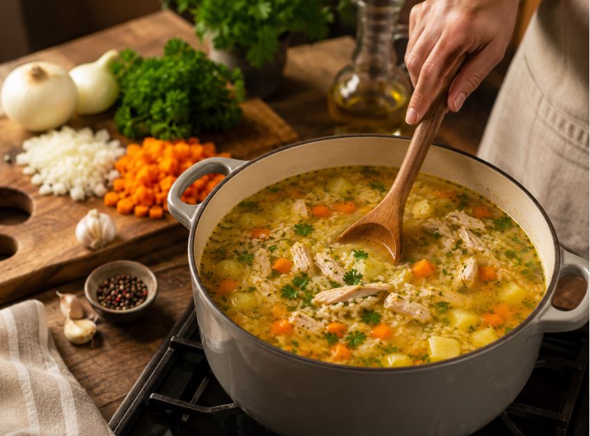 Процесс приготовления домашнего куриного супа с овощами, рисом и зеленью в кастрюле