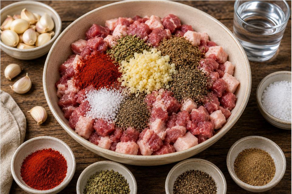 Добавление чеснока и ароматных специй в мясо для домашней колбасы