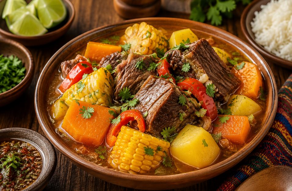 Готовая говяжья грудинка по-латиноамерикански с овощами и кукурузой