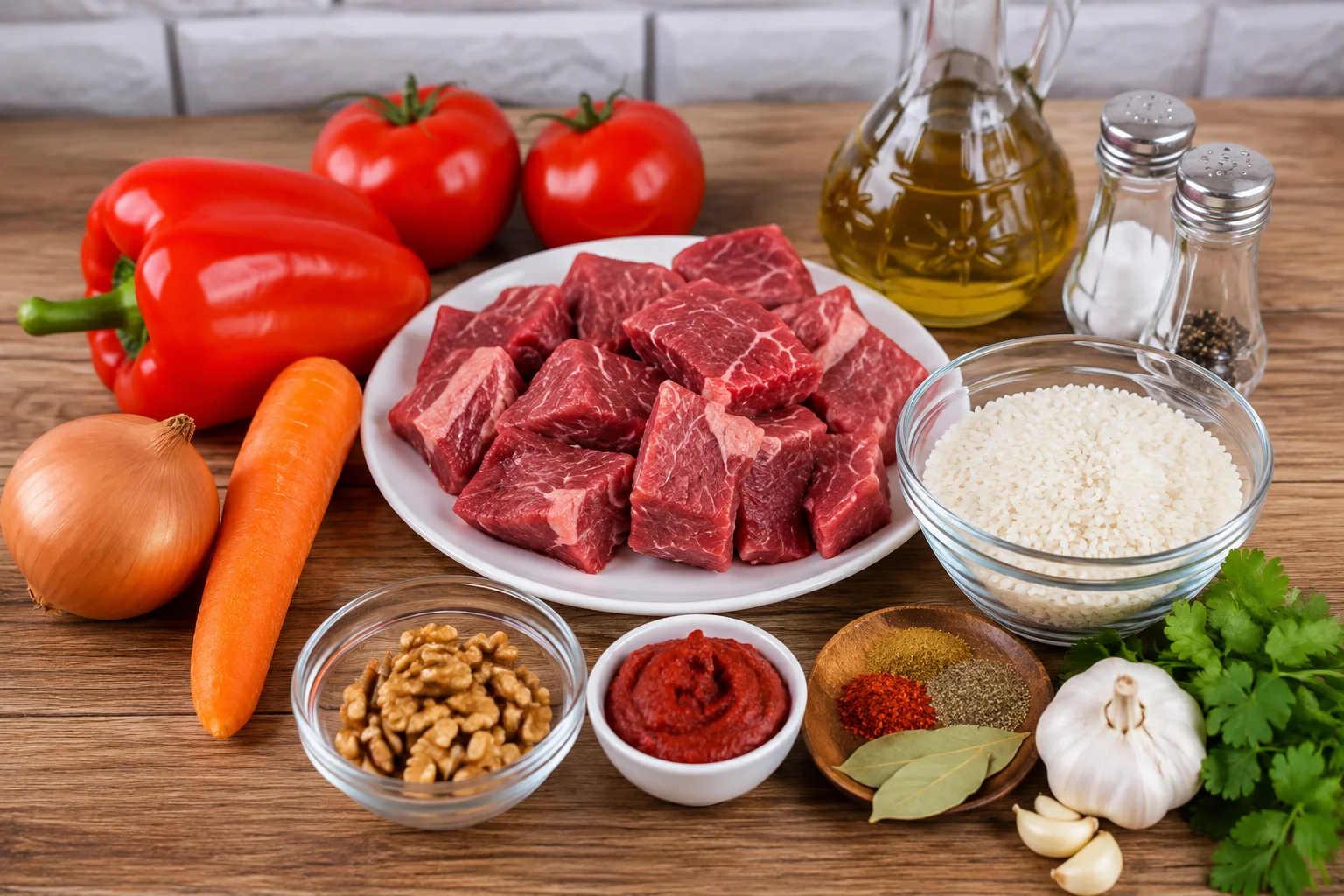 Ингредиенты для густого супа с говядиной, рисом, томатами и специями