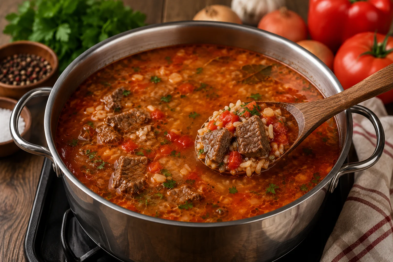 Густой суп с говядиной, рисом и томатами в кастрюле