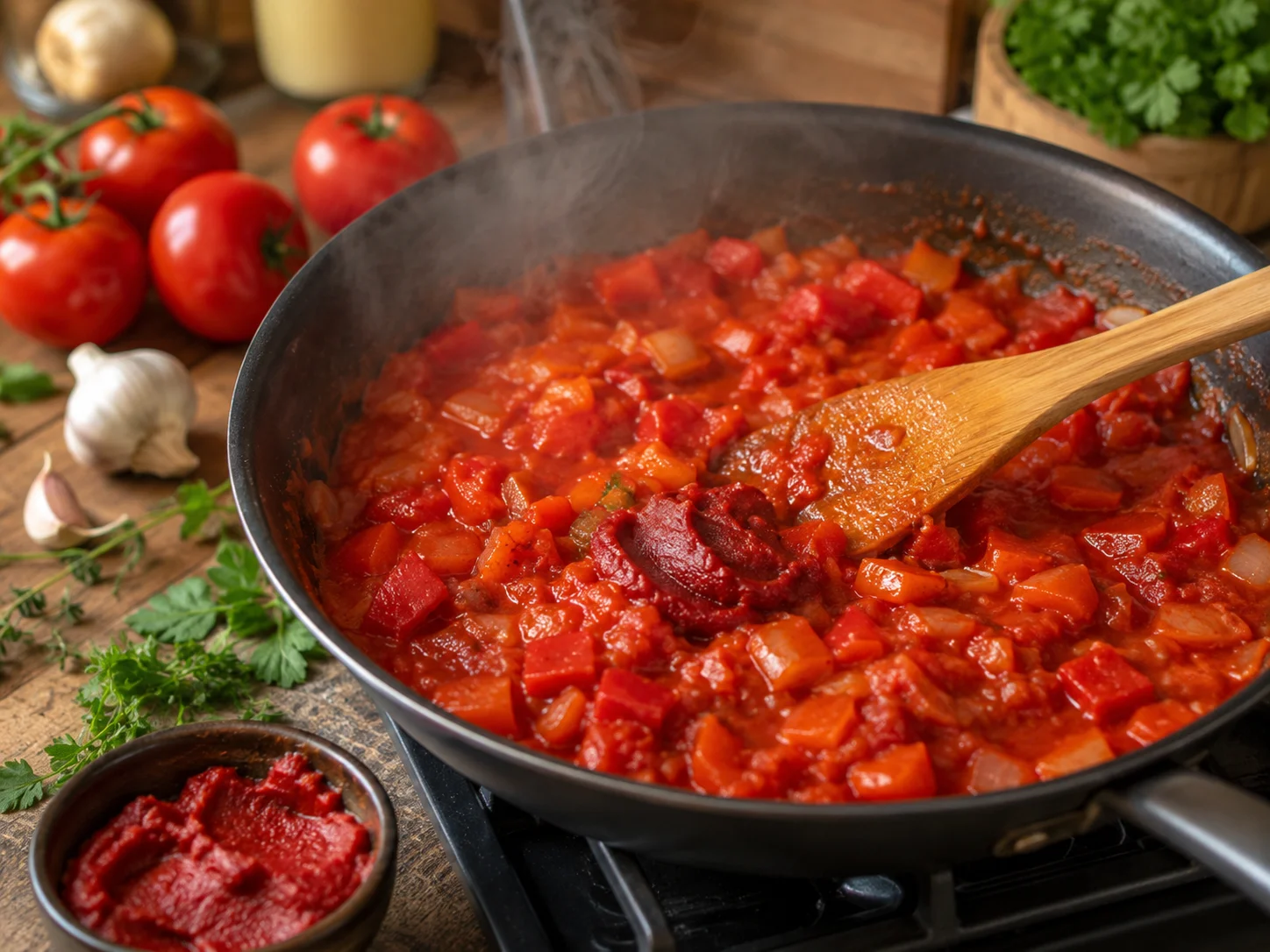 Приготовление насыщенной томатной основы с овощами для мясного супа