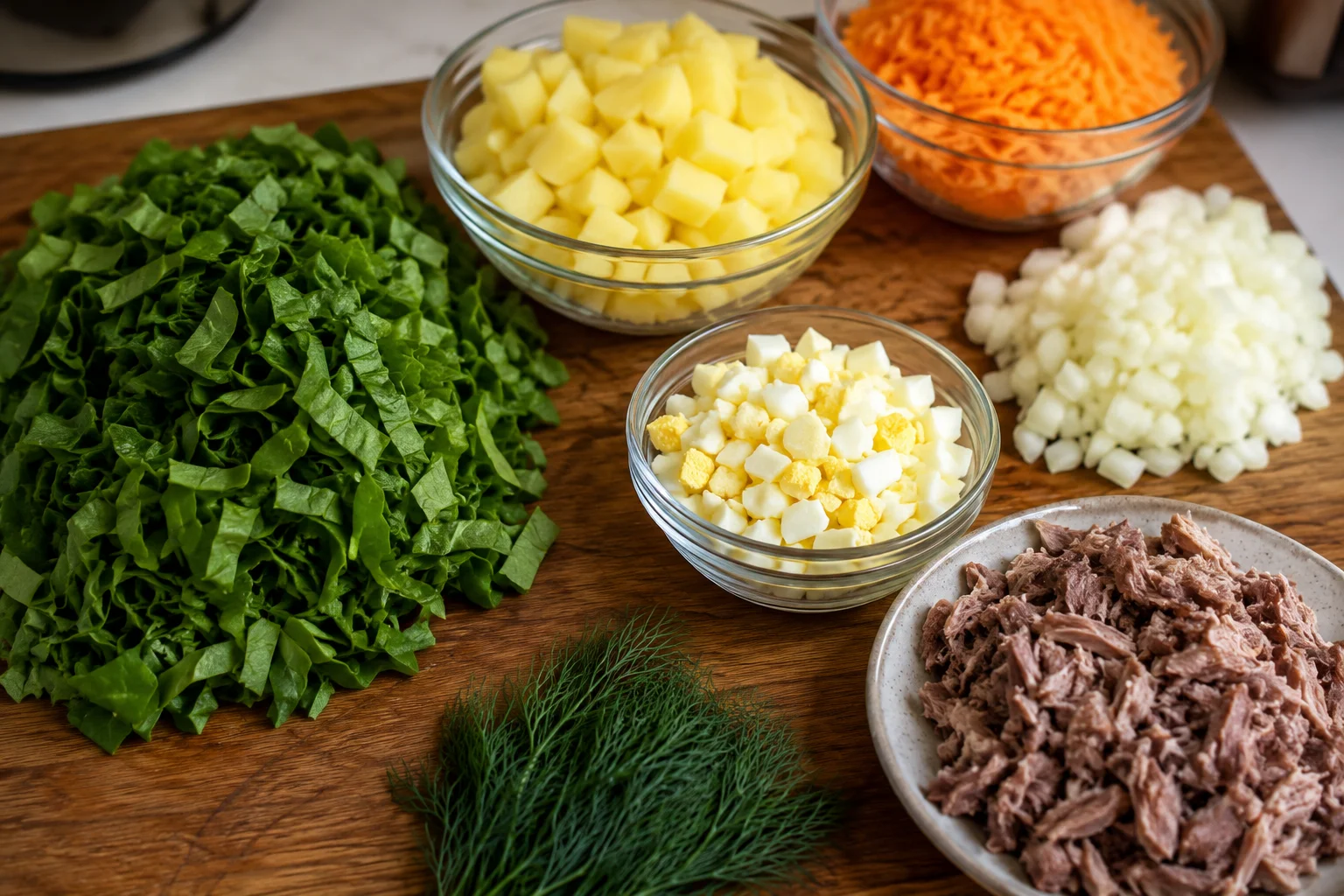 Ингредиенты для зелёного супа со щавелем, яйцом, мясом и овощами