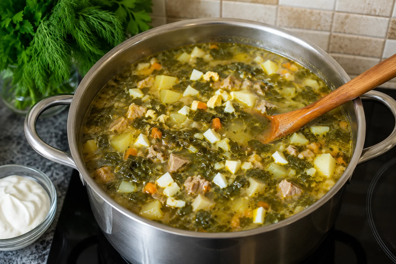 Готовый щавелевый суп с мясом, картофелем и яйцом в кастрюле