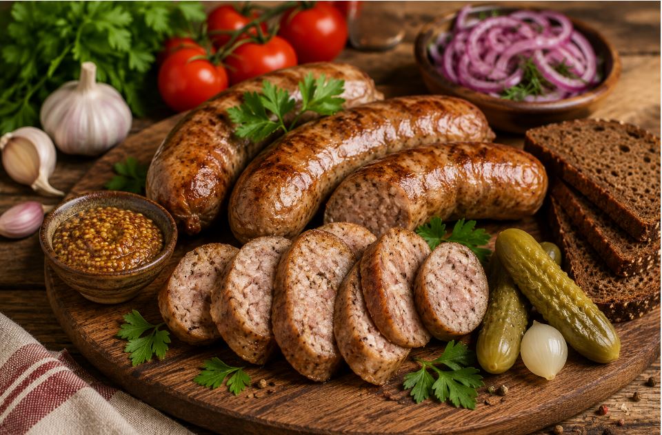 Домашняя колбаса с горчицей, соленьями, хлебом и свежей зеленью