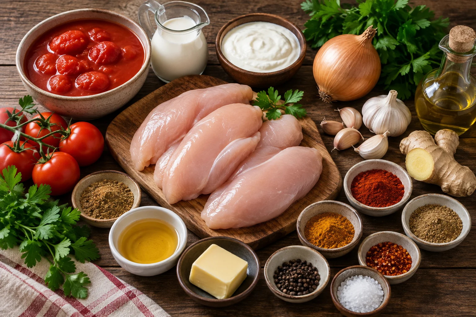 Ингредиенты для курицы в сливочно-томатном соусе со специями