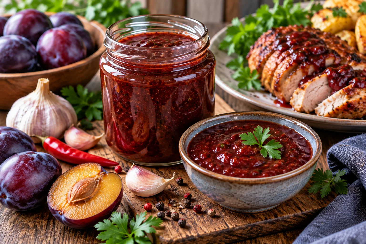 Домашний сливовый соус из спелых слив с чесноком и зеленью, поданный к запечённому мясу
